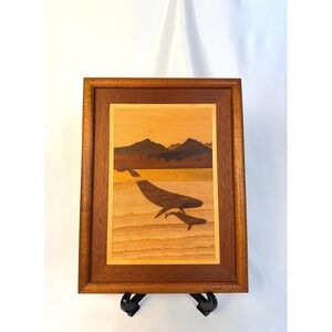 Vintage Whale Marquetry Wood Inlay Wall Art Mother and Calf Framed Beach Decor
